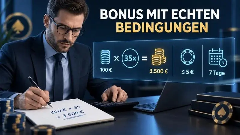 Bonusrechnung mit 35-fachem Umsatz, Einsatzlimit und Frist