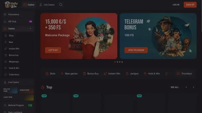 Startseite des Hollywin Casinos