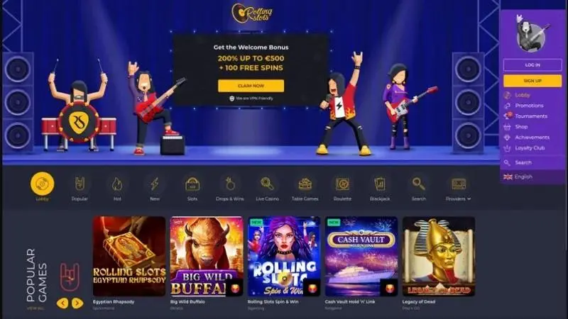 Startseite des Rolling Slots Casinos